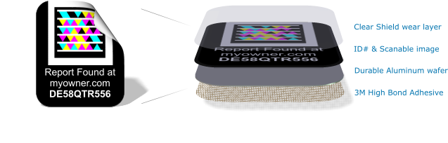 myOwner PermaStik tags include a clear shield wear layer, a scannable image, an aluminum wafer, and are secured with 3M adhesive